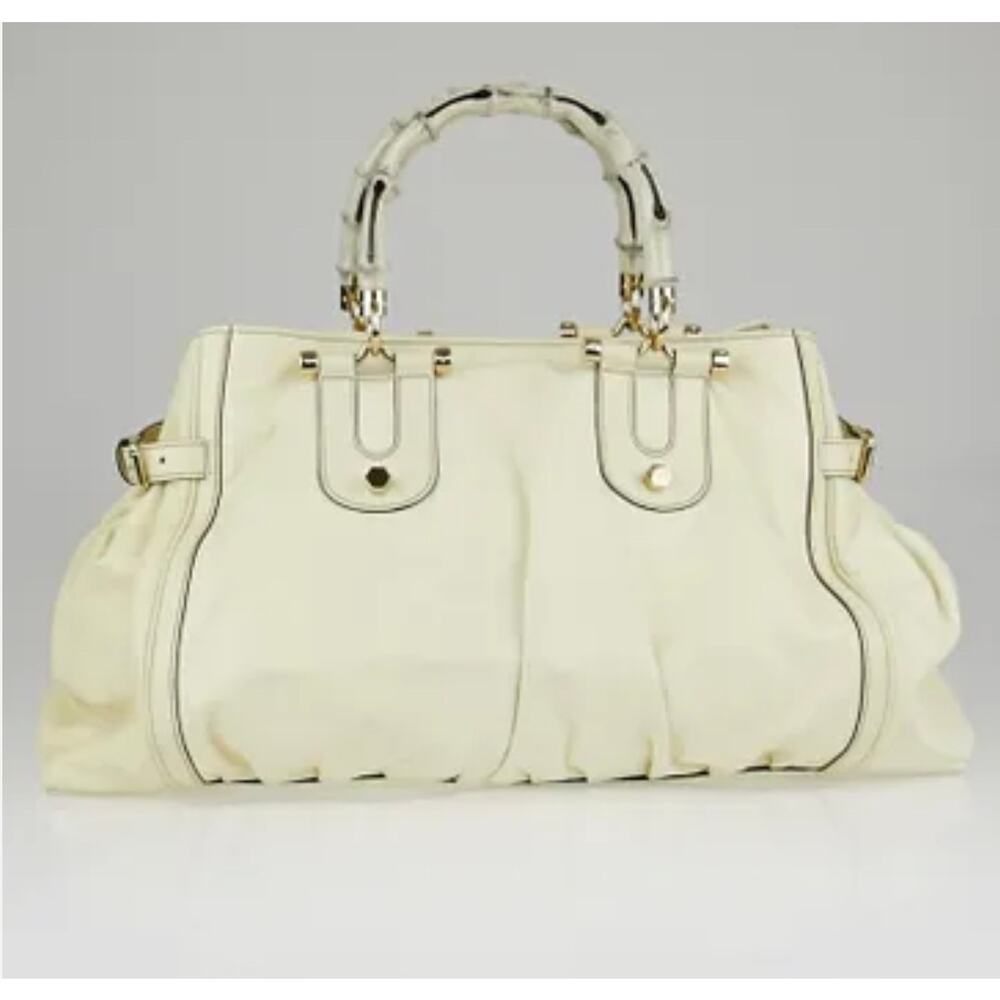 Gucci Cream Color Leather Bamboo Pop Large Satchel Tote Bag Luxury